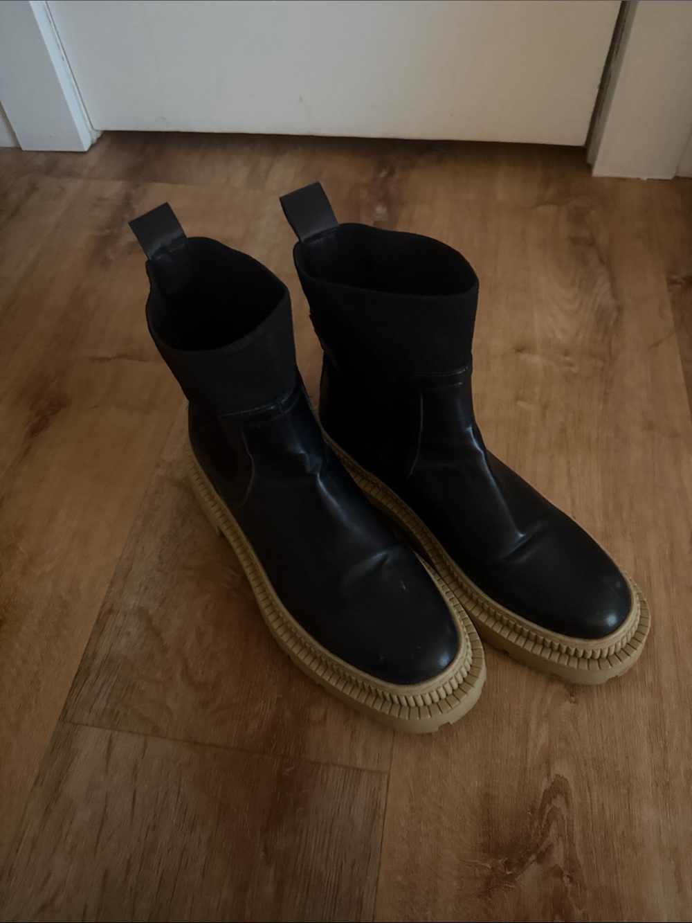 Mango Black Combat Moto Boots with Tan Lug Sole